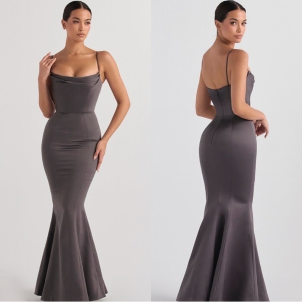 House Of Cb Violette Satin Mermaid Gown Dark Grey Gem